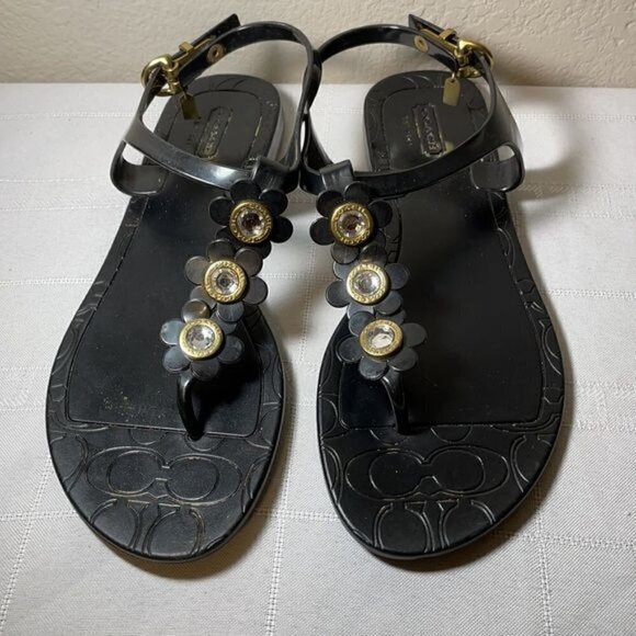 Coach Paisley Floral Jewel Black T Strap Jelly Thong Sandals Summer Size 7 - Picture 3 of 12